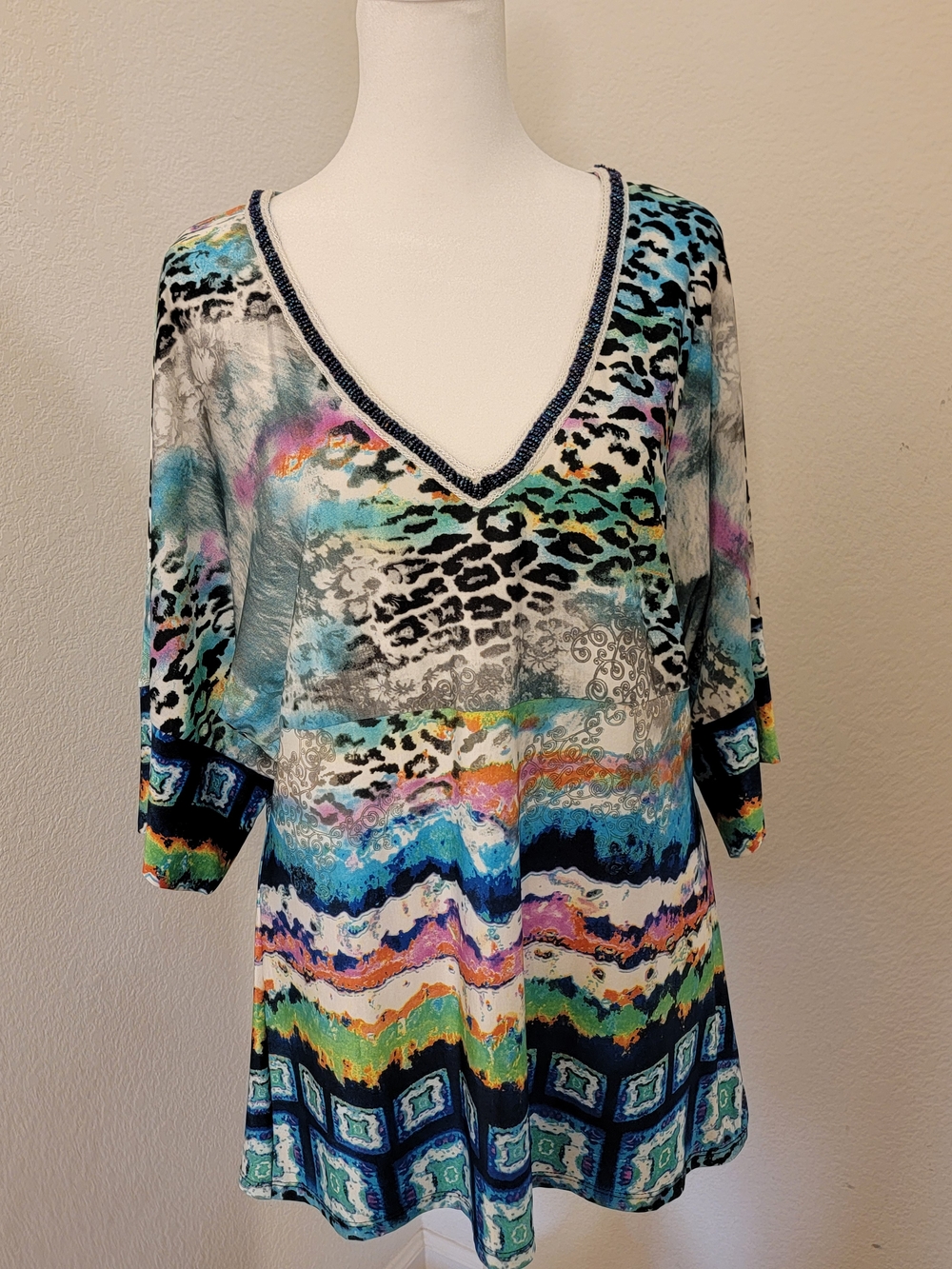 Alberto Makali Multicolor V-Neck Tunic — Blue, Teal, Black, White, Pink - Large